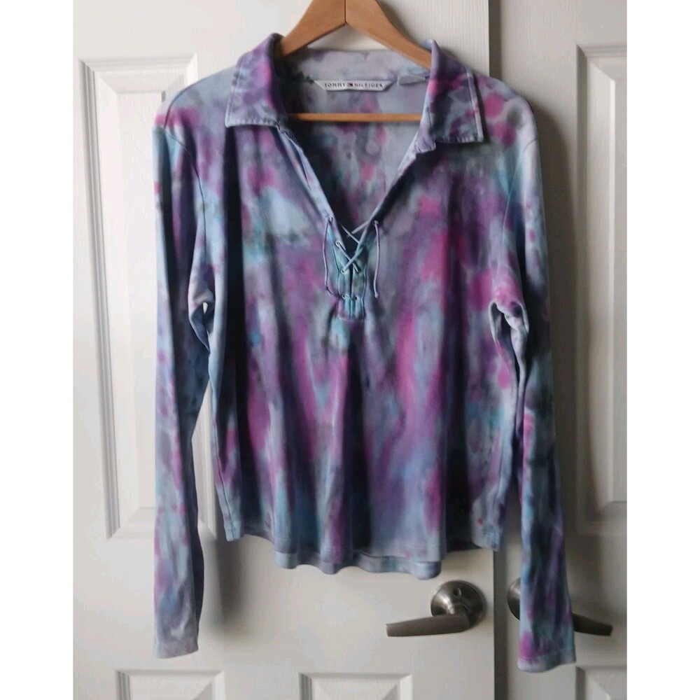 Tommy Hilfiger Boho Hippie Blue & Pink Tie Dyed Top Women's XL Lace Up V-neck